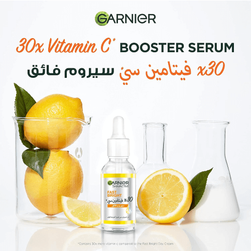 Garnier Fast Bright Booster Serum 15ml ingrédients vitamine C niacinamide 4% formule anti-taches voyage