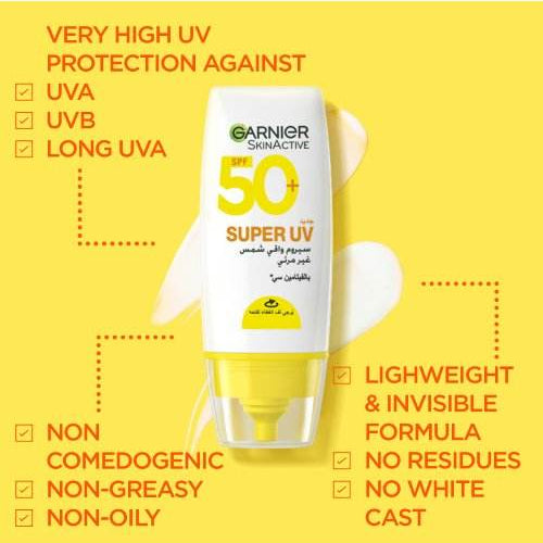 GARNIER SkinActive Super UV Serum Invisible Sunscreen 30ml Protection Solaire SPF50+ Sérum Invisible Anti-UV Format Voyage - Nova Parapharmacie