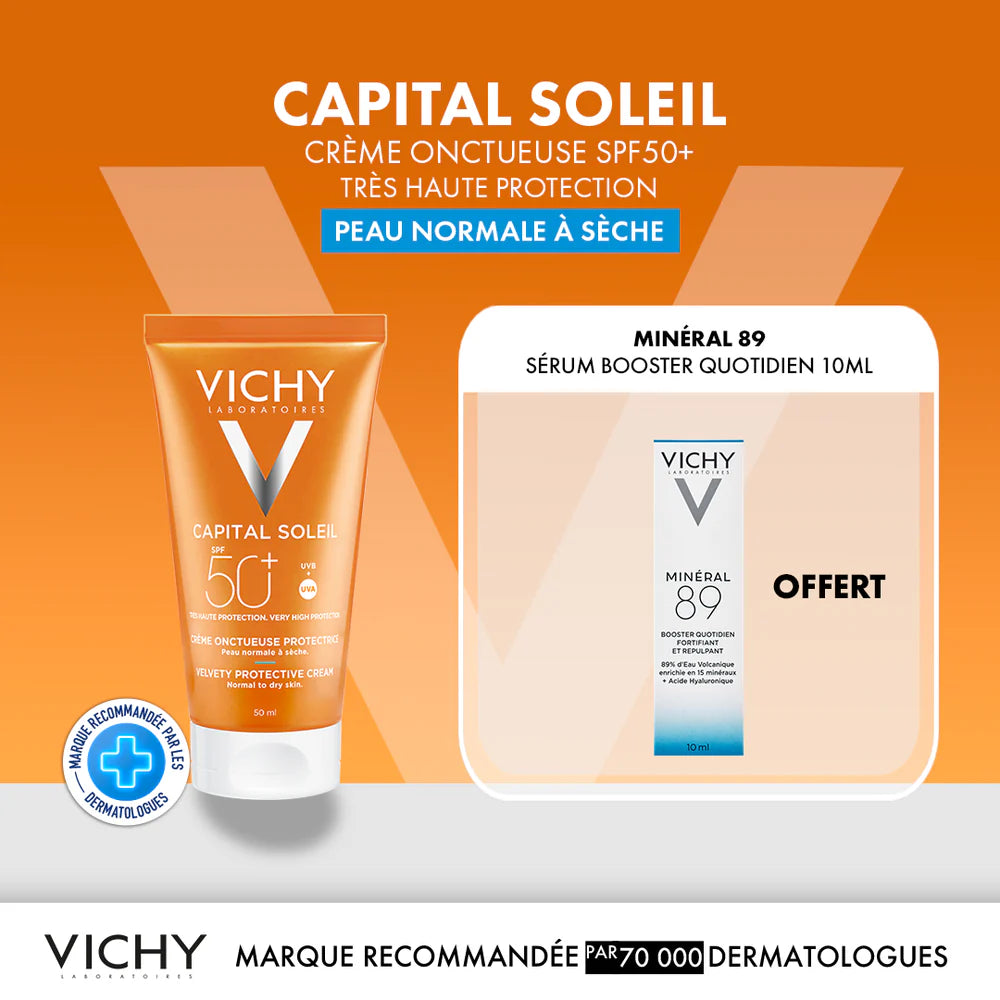VICHY Capital Soleil Crème Onctueuse SPF50+ 50ml tube protection solaire hydratante Minéral 89 offert - novaparapharmacie