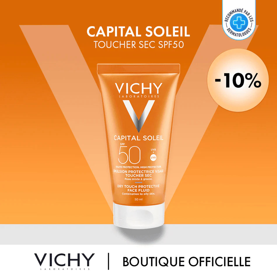 Vichy Capital Soleil Émulsion Toucher Sec SPF50 Lait Après-Soleil pack solaire protection très haute UVA UVB texture matifiante waterproof - novaparapharmacie