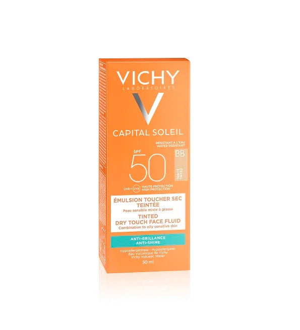 VICHY Capital Soleil BB Émulsion Toucher Sec Teintée SPF50+ 50ml tube blanc orange protection solaire teint unifié - novaparapharmacie