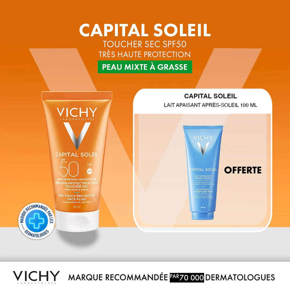 Pack Vichy Capital Soleil Émulsion Toucher Sec SPF50 Lait Après-Soleil format duo protection solaire complet - novaparapharmacie