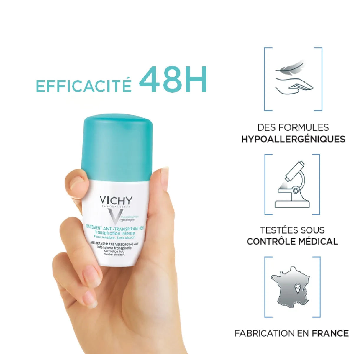 VICHY Déodorant Bille application traitement anti-transpirant 48H intensif protection efficace eau thermale aisselles quotidien - novaparapharmacie
