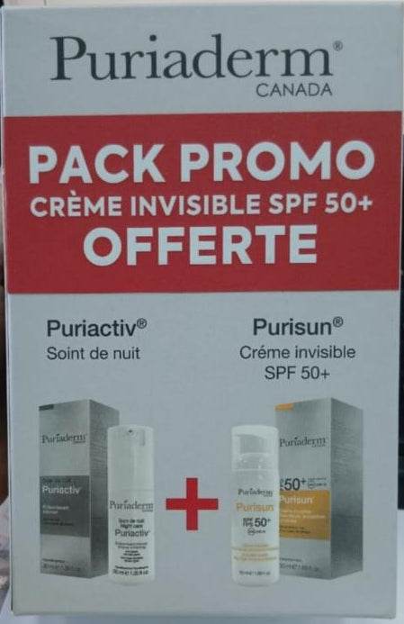 Puriaderm Pack Promo Puriactiv Soint de nuit + Purisun Creme invisible SPF50+ OFFERTE - Nova Parapharmacie