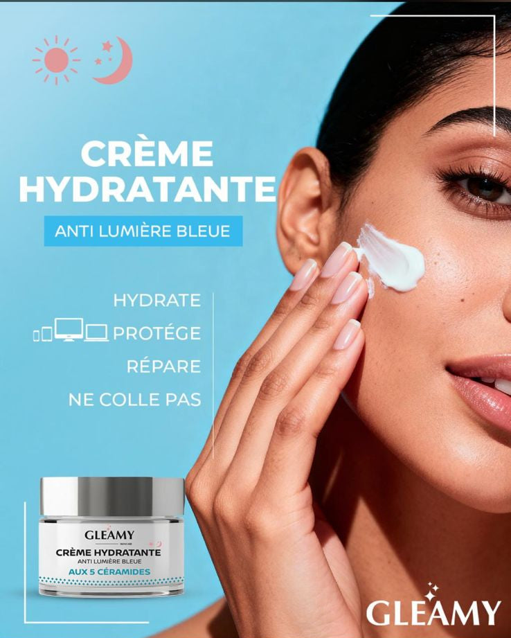 GLEAMY Crème Hydratante Anti Lumière Bleue 50ml soin visage protection écrans hydratation intense anti-âge acide hyaluronique - novaparapharmacie
