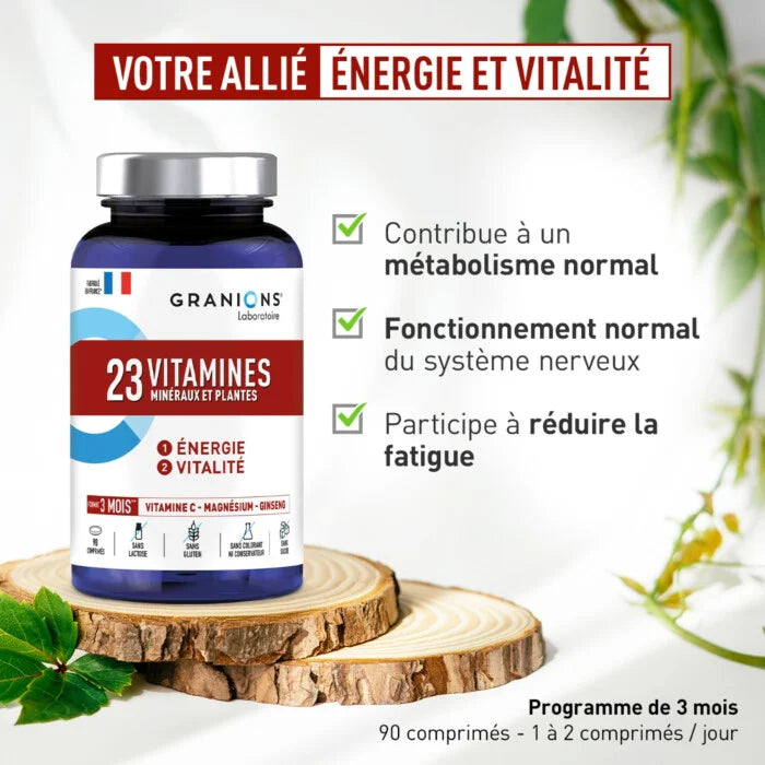 Comprimés Granions 23 Vitamines Minéraux Plantes multivitamines format pratique énergie immunité cure 3 mois - novaparapharmacie
