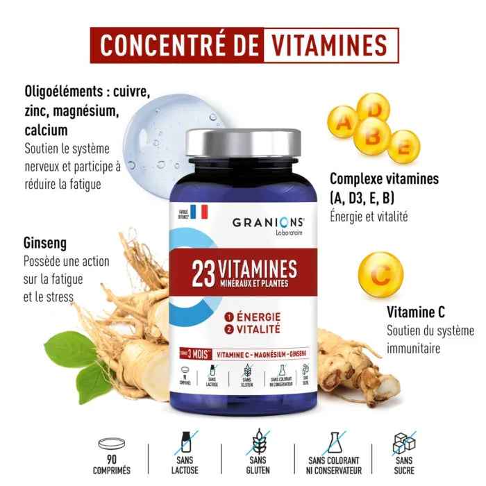 GRANIONS 23 Vitamines Minéraux & Plantes 90 Comprimés Multivitamines Énergie Immunité