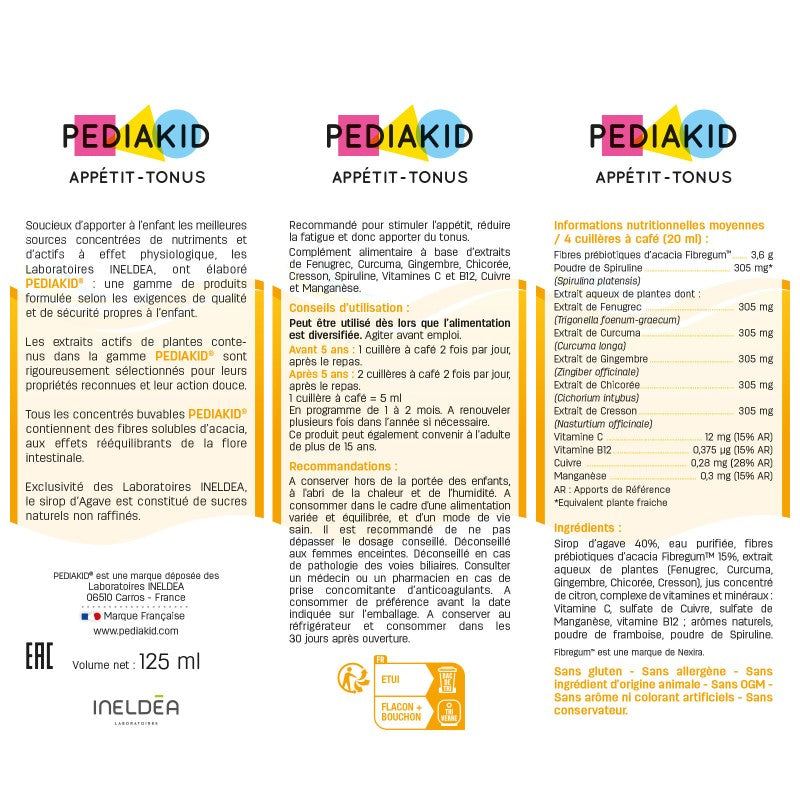 Sirop PEDIAKID Appétit-Tonus 125ml complément alimentaire enfant stimule appétit renforce tonus croissance harmonieuse goût agréable - novaparapharmacie