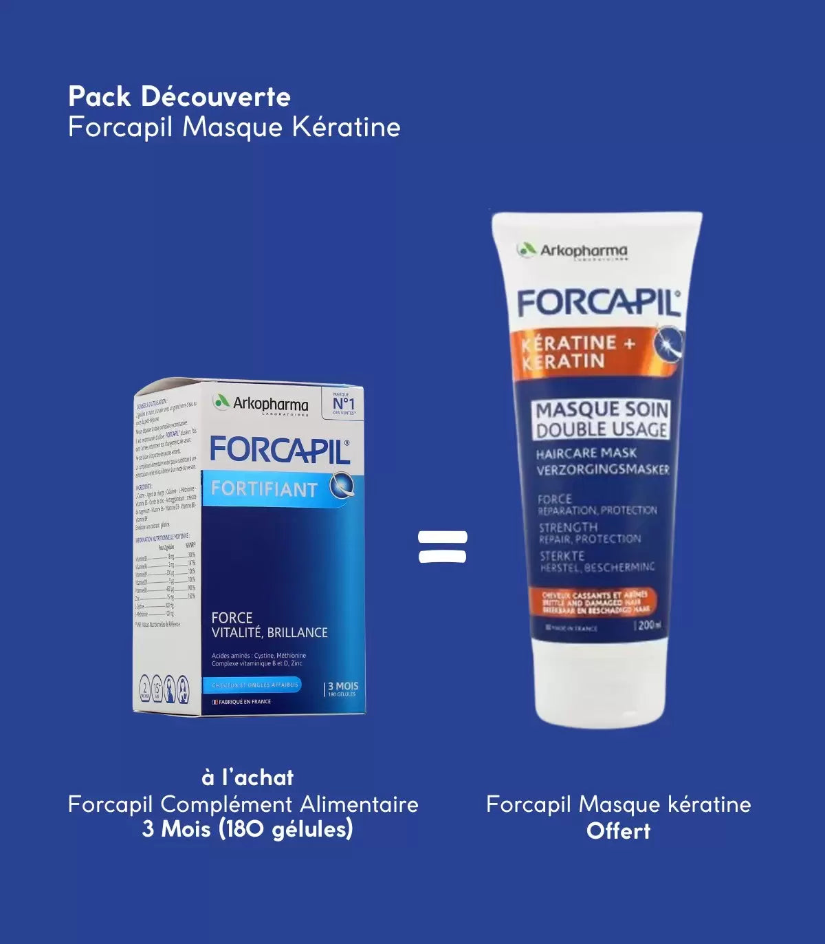 "Arkopharma Forcapil 180 gélules complément alimentaire cheveux et ongles avec masque kératine 200ml offert - Pack beauté complet Nova Parapharmacie Maroc"
