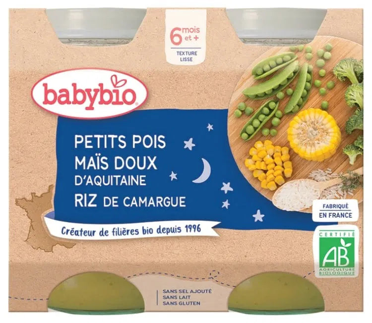Babybio Bol Bonne Nuit Petits Pois Maïs Riz Bio 2x200g repas bébé dès 8 mois légumes riz biologiques - novaparapharmacie