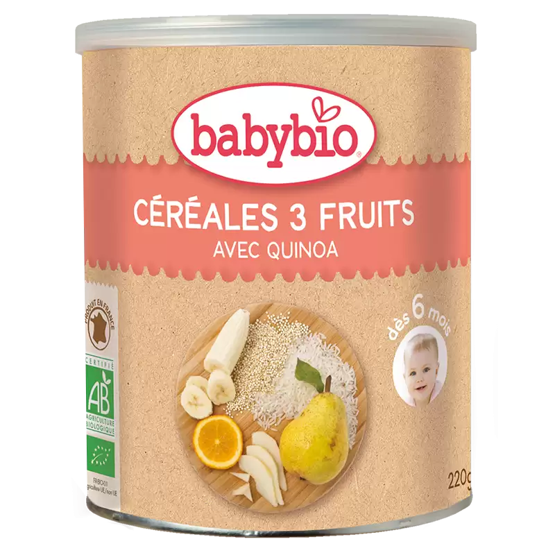 Babybio Céréales 3 Fruits Bio 220g céréales infantiles dès 6 mois saveur fruits naturelle sans sucres ajoutés - novaparapharmacie