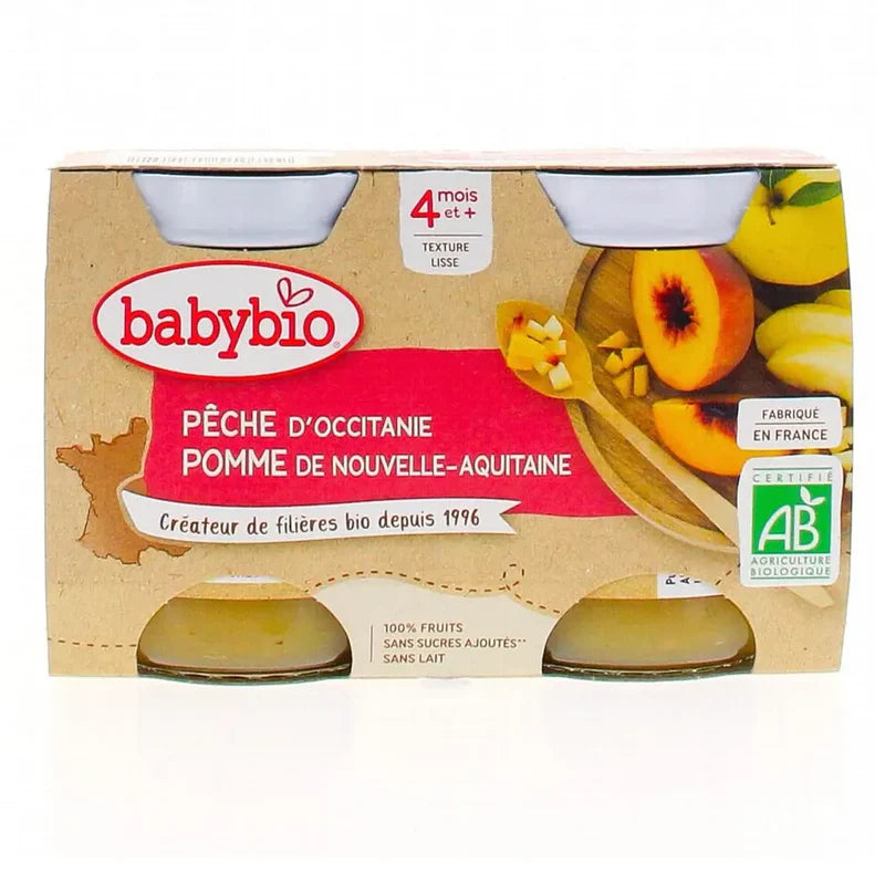 Babybio Petit Pot Pêche Bio 2x130g compote fruits bébé dès 4 mois pêches biologiques sans sucres ajoutés - novaparapharmacie