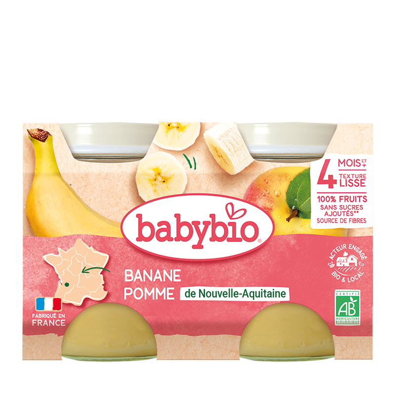 Babybio Petit Pot Pomme Banane Bio 2x130g compote fruits bébé dès 4 mois pommes bananes biologiques sans sucres - novaparapharmacie