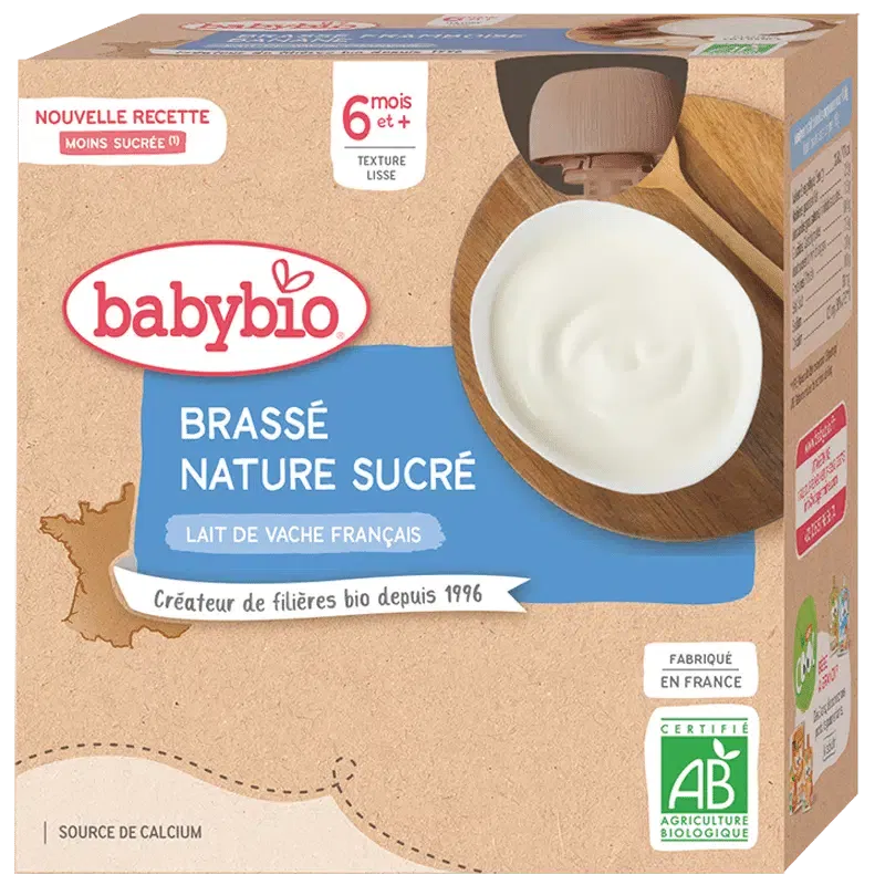 BABYBIO Gourde Brassé Lait de Vache Nature 4x85g bio yaourt bébé dès 6 mois sans sucre ajouté ferments lactiques - novaparapharmacie