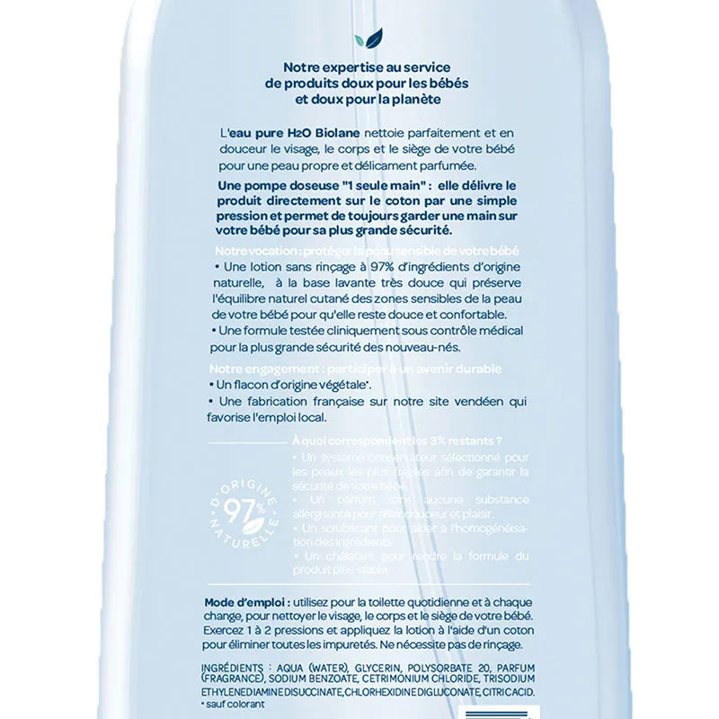 Eau BIOLANE Pure H2O 750ml nettoyante bébé 99% eau purifiée sans rinçage formule minimaliste format familial sans parfum - novaparapharmacie