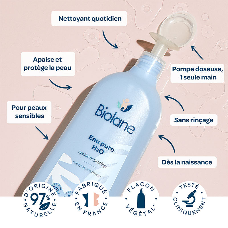 BIOLANE Eau Pure H2O 750ml eau nettoyante bébé 99% eau purifiée sans rinçage sans parfum sans alcool hypoallergénique - novaparapharmacie