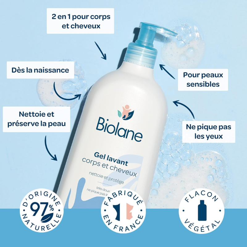 Bébé BIOLANE Gel Lavant Corps Et Cheveux 750ml gel nettoyant 2en1 2en1 pratique nettoyage doux formule douce format familial - novaparapharmacie