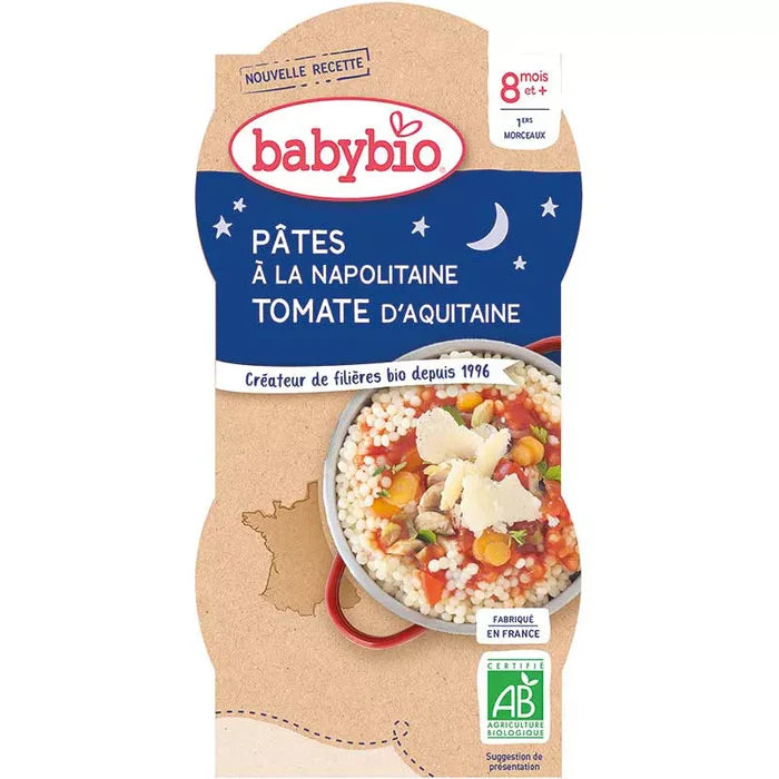 Babybio Bol Bonne Nuit Pâtes Napolitaines Bio 2x200g repas bébé dès 8 mois pâtes légumes biologiques - novaparapharmacie