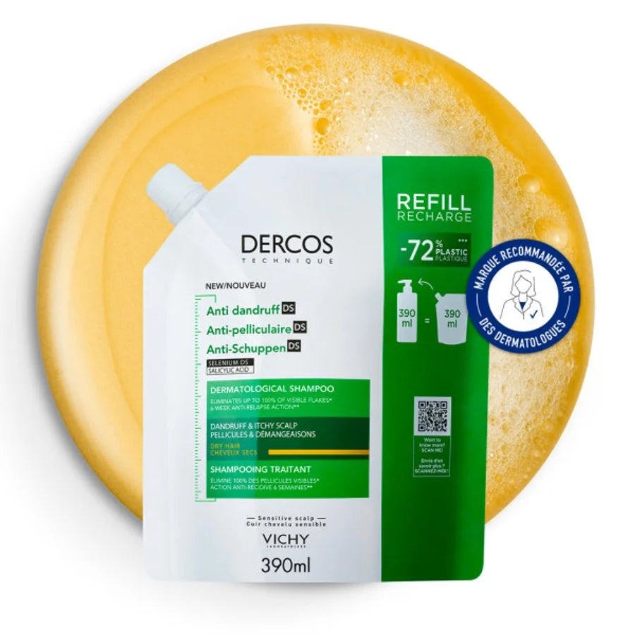Packaging Vichy Dercos Eco-Recharge 500ml Shampoing Anti-Pelliculaire Cheveux Secs Éco-Responsable - novaparapharmacie