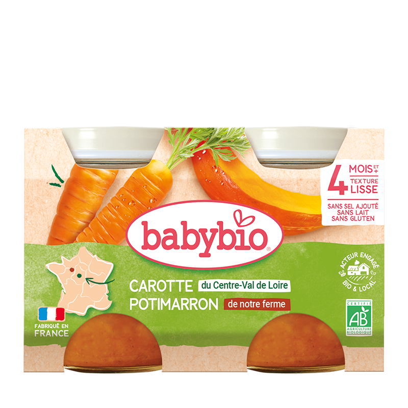 Babybio Pot Carotte Potimarron Bio 2x130g purée bébé dès 4 mois légumes biologiques saveur douce sucrée - novaparapharmacie