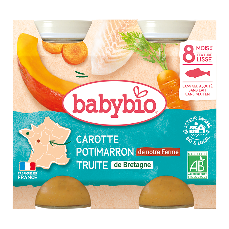 BABYBIO Pot Carotte Potimarron Truite 2x200g bio plat bébé dès 8 mois plat complet équilibré carotte potimarron truite - novaparapharmacie