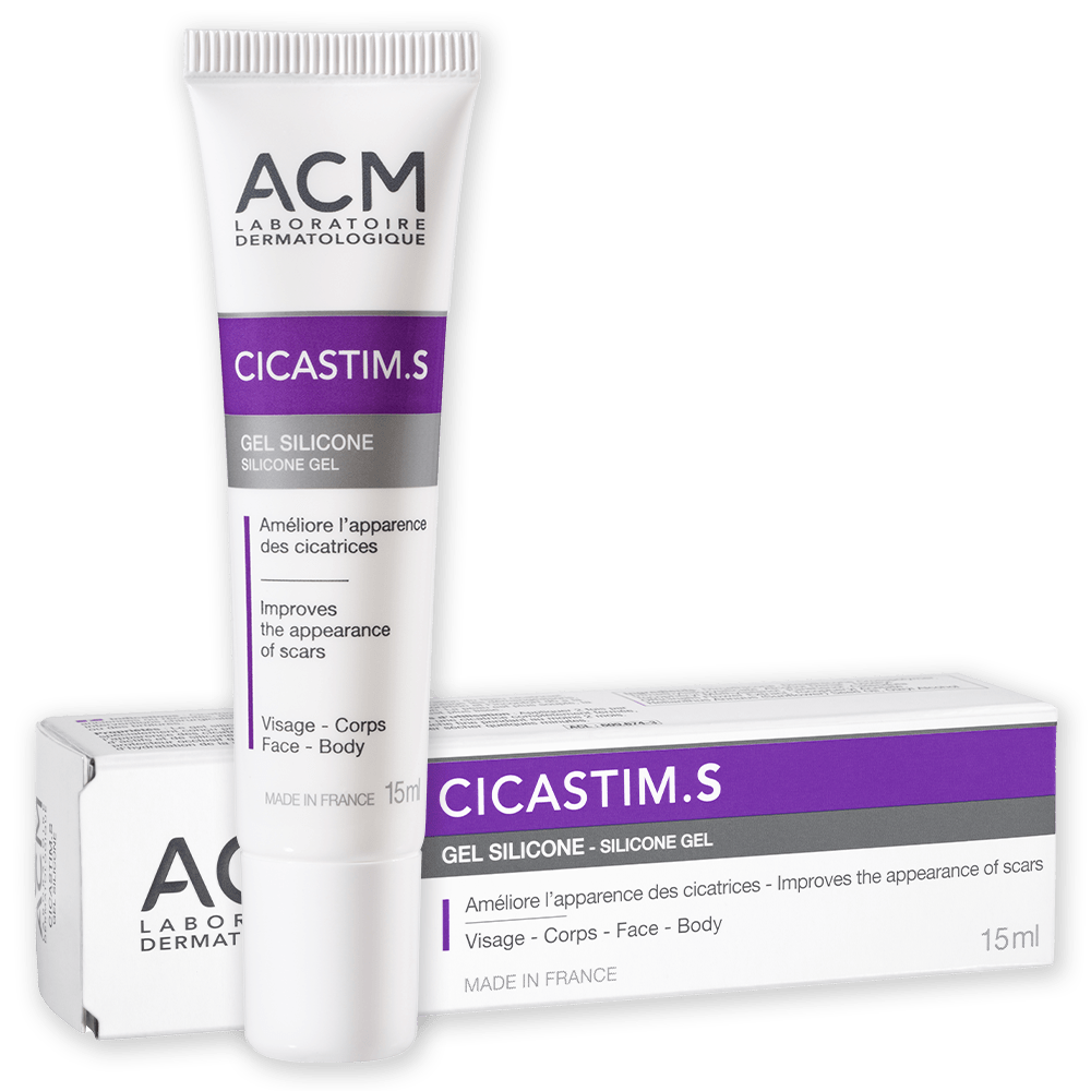 ACM Cicastim S Gel Silicone 15ml tube blanc vert cicatrisation visage corps réparation intensive cicatrices atténuation - novaparapharmacie