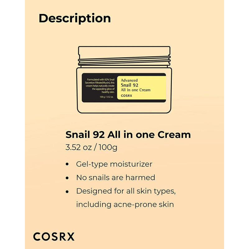 COSRX Advanced Snail 92 All In One Cream ingrédients mucine escargot acide hyaluronique peptides - novaparapharmacie