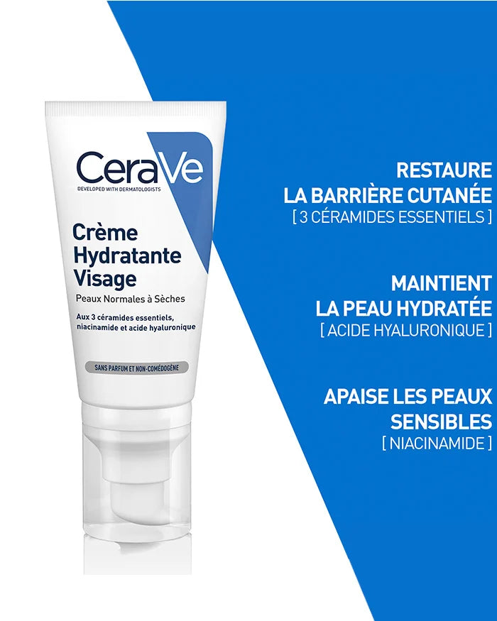 CERAVE Crème Hydratante Visage 3 bénéfices hydratation 24h céramides peaux normales sèches peau douce hydratée protégée - novaparapharmacie
