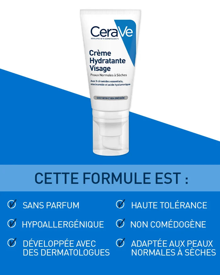 CERAVE Crème Hydratante Visage bénéfices hydratation 24h céramides peaux normales sèches peau hydratée confort longue durée - novaparapharmacie