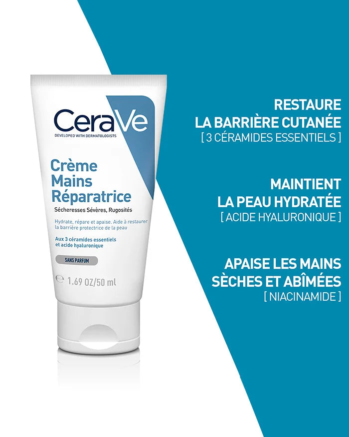CERAVE Crème Mains Réparatrice 3 bénéfices hydratation intensive mains sèches abîmées céramides peau douce protégée - novaparapharmacie