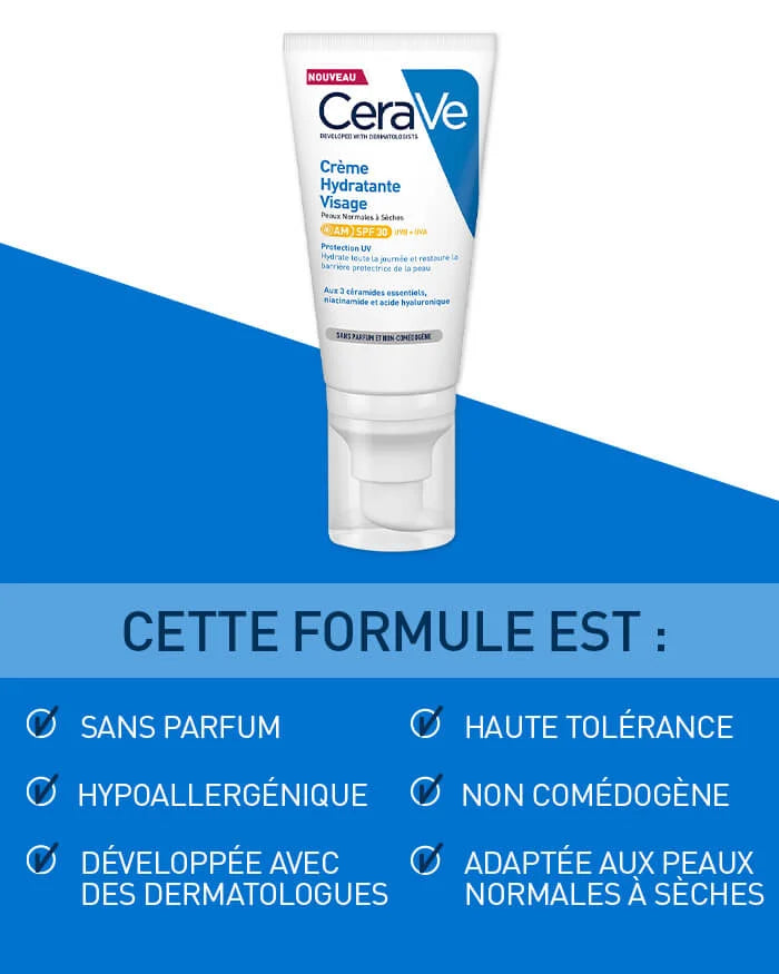 Bénéfices CeraVe SPF30 Protection Solaire Hydratation 24h 3 Céramides Acide Hyaluronique Niacinamide - novaparapharmacie
