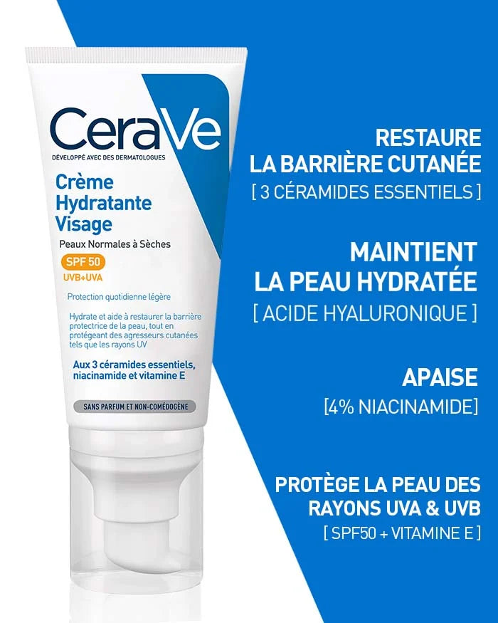 CeraVe Crème Hydratante Visage SPF50 3 bénéfices protection solaire hydratation 24h céramides peau protégée hydratée - novaparapharmacie
