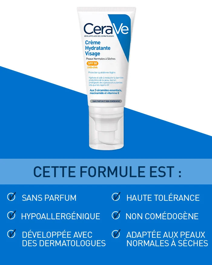 CeraVe Crème Hydratante Visage SPF50 bénéfices protection solaire hydratation 24h céramides anti-âge UVA UVB confort - novaparapharmacie