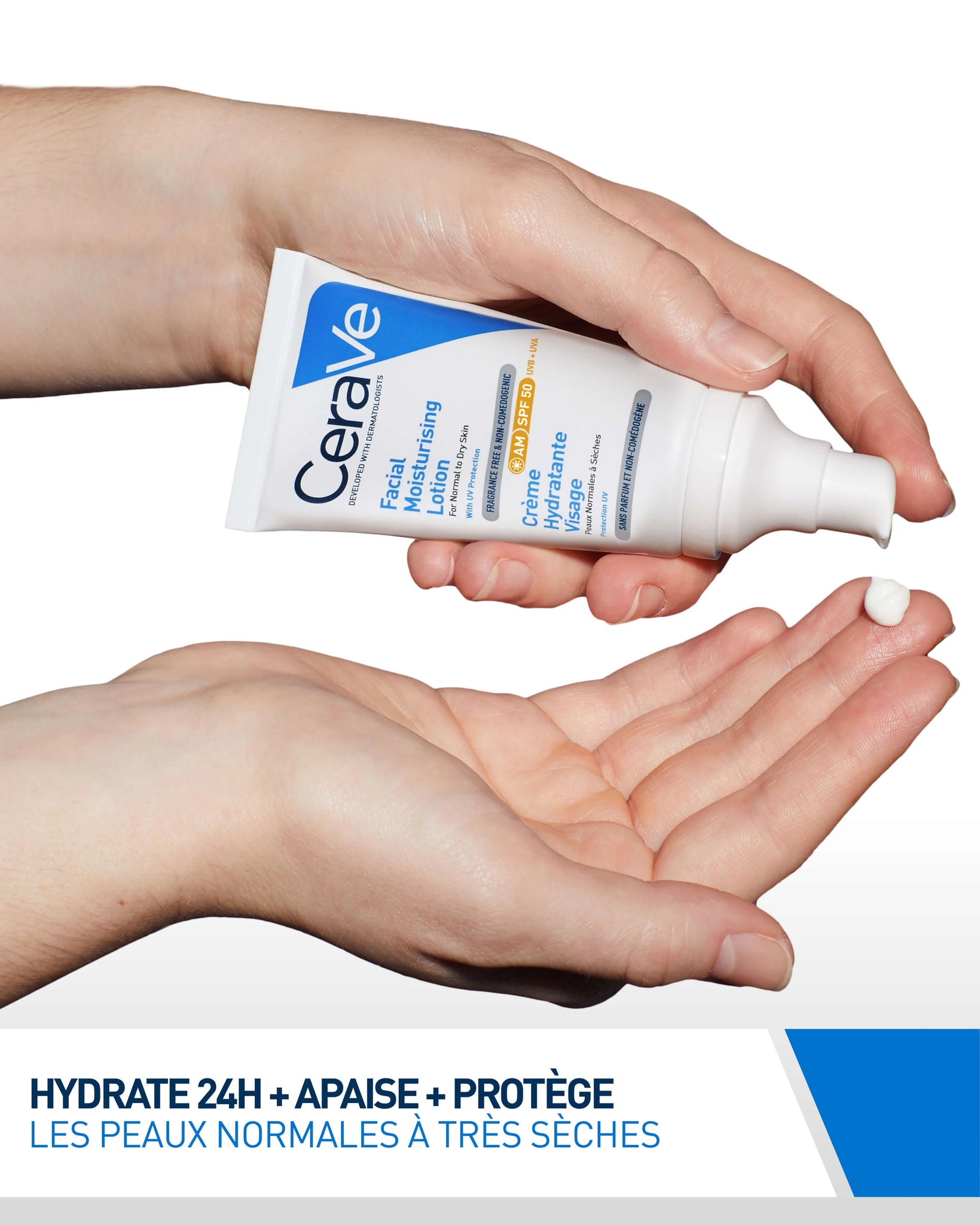 CeraVe Crème Hydratante Visage SPF50 texture bénéfices protection solaire hydratation 24h céramides crème légère absorption - novaparapharmacie