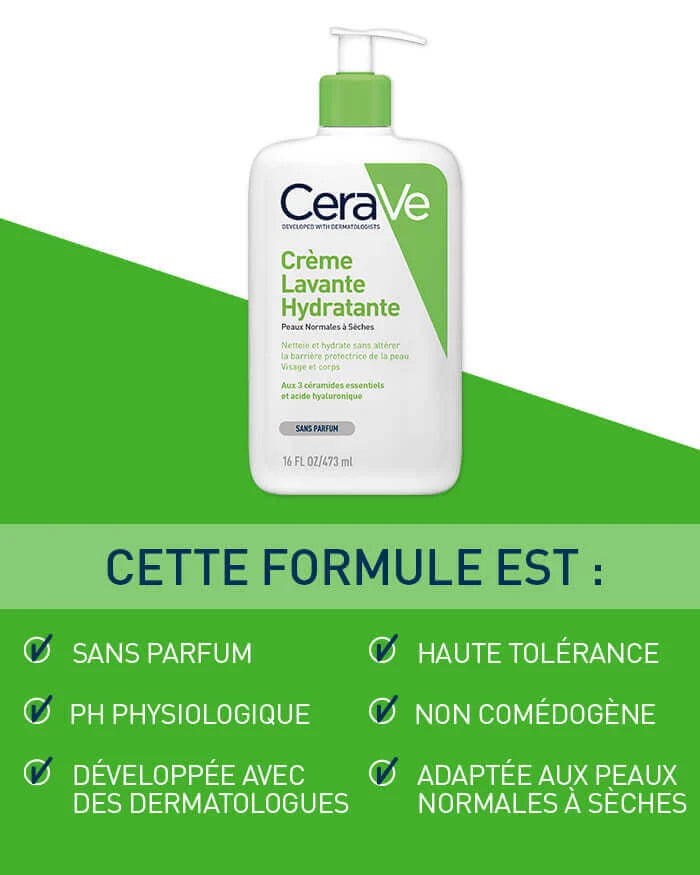  Packaging CeraVe Crème Lavante Hydratante 473ml Flacon Pompe Nettoyant Visage Corps 3 Céramides - novaparapharmacie