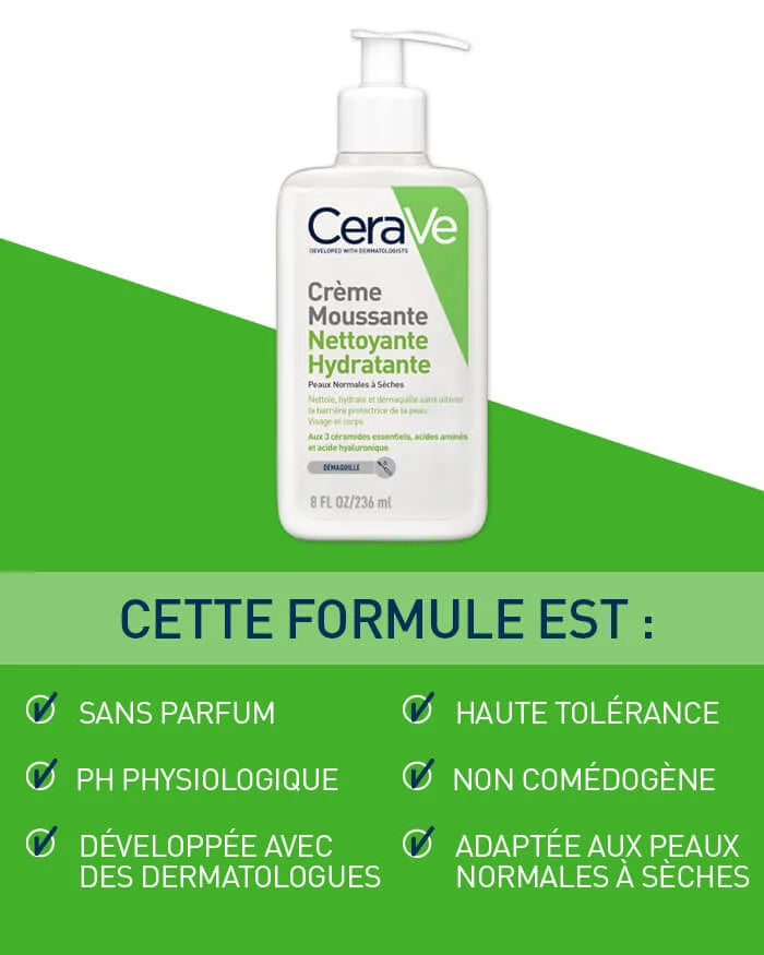 Efficacité CeraVe Crème Moussante Nettoyage Profond Hydratation 24h Peaux Sèches Confort - novaparapharmacie