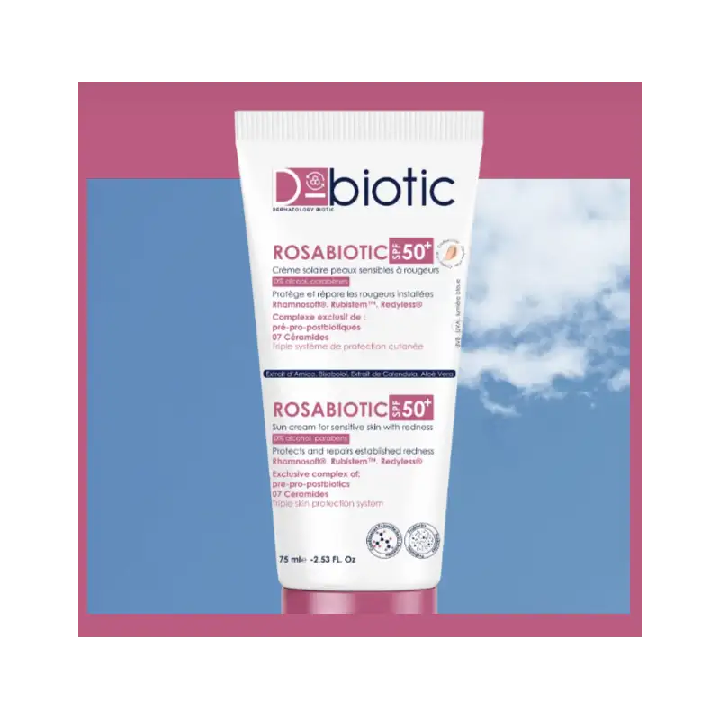  D-BIOTIC 75ml Rosabiotic Écran SPF50+ texture crème solaire peaux sensibles rougeurs probiotiques - novaparapharmacie