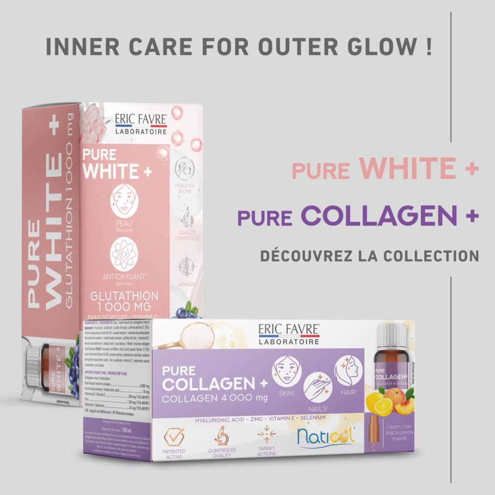 Gamme Eric Favre compléments beauté Pure White+ 10x15ml peau éclatante antioxydants cosmétique nutritionnelle - novaparapharmacie