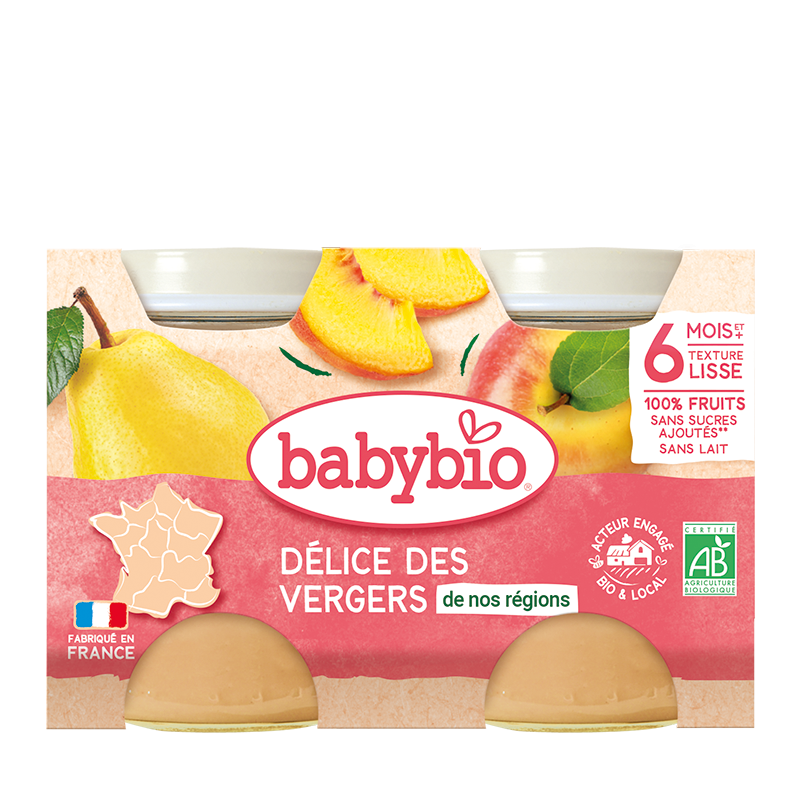 Babybio Petit Pot Délice des Vergers Bio 2x130g compote fruits bébé dès 4 mois fruits biologiques - novaparapharmacie