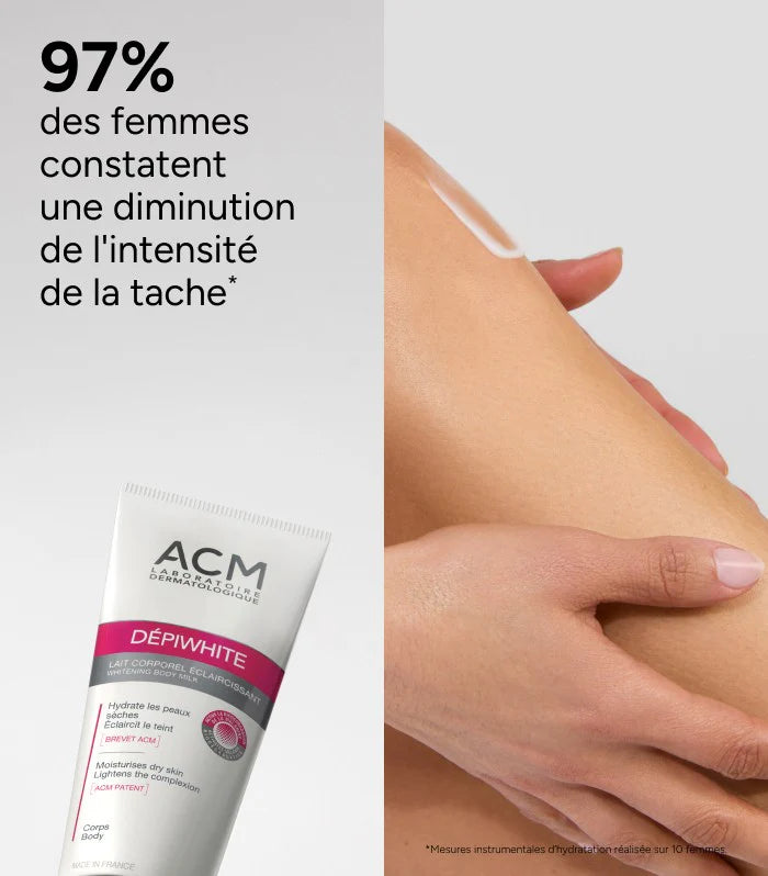 ACM Depiwhite caractéristiques lait éclaircissant corporel hydratant unifiant corps taches pigmentaires actifs dépigmentants - novaparapharmacie
