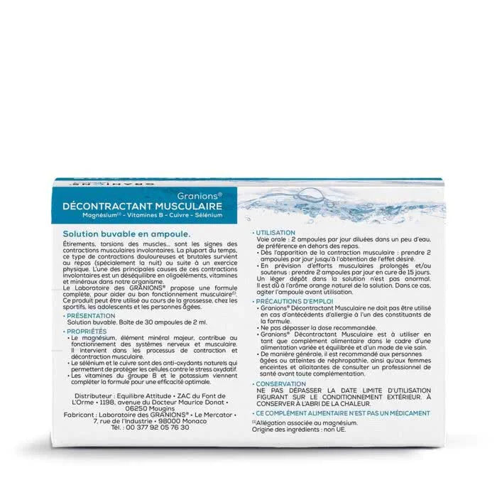 Ampoules Granions Décontractant Musculaire magnésium B6 format pratique liquide crampes tensions absorption optimale - novaparapharmacie