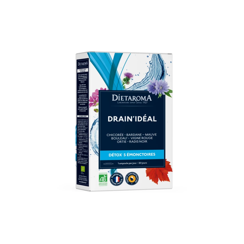 DIETAROMA Drain Idéal Détox 5 Émonctoires Bio 20 Ampoules drainage détoxification action 5 émonctoires drainage profond bio - novaparapharmacie