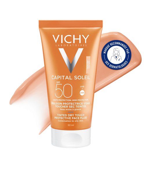 VICHY Capital Soleil BB Émulsion Toucher Sec Teintée SPF50+ 50ml tube blanc orange protection solaire teint unifié - novaparapharmacie