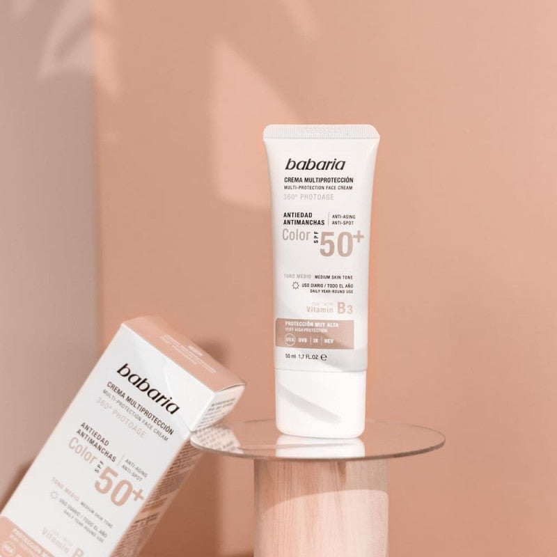 Protection BABARIA Écran Solaire Teinté Peau Nature SPF50 50ml packaging protection solaire très haute - novaparapharmacie
