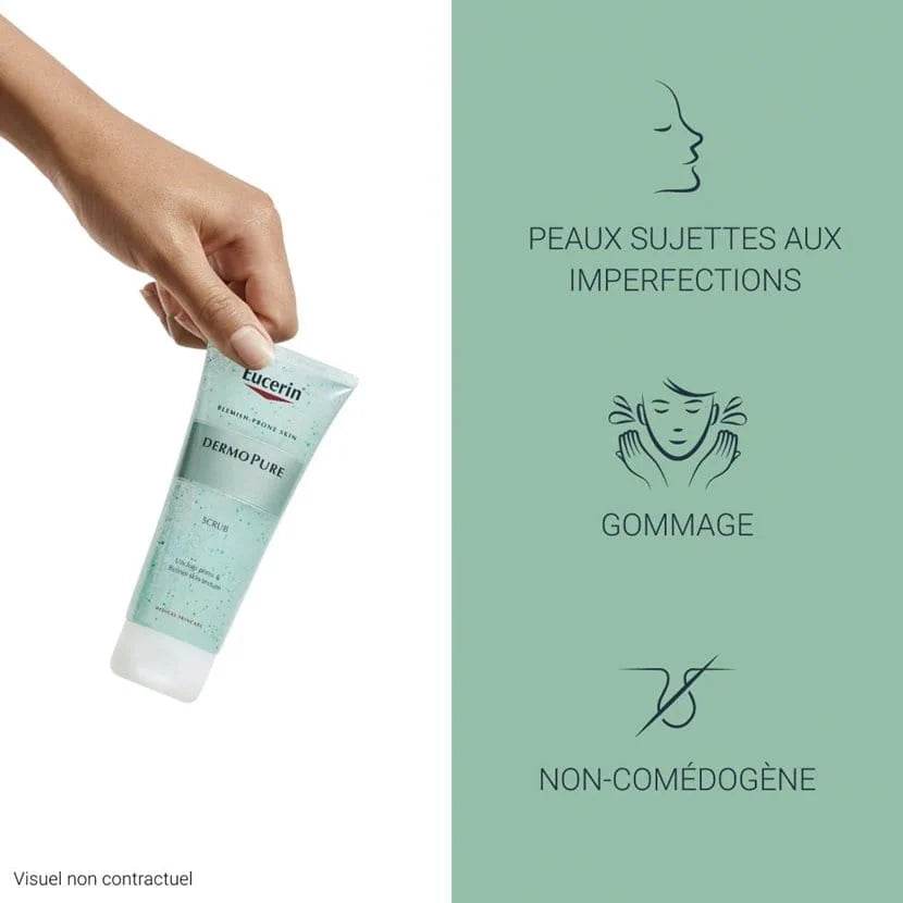 Eucerin DermoPure Gommage application massage visage exfoliant purifiant peaux grasses acné points noirs micro-particules soin hebdomadaire dermatologie