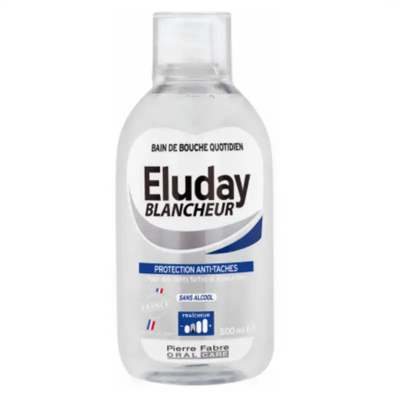 ELUDAY Bain de Bouche Blancheur Anti-Taches Quotidien 500ml flacon blanc bleu hygiène bucco-dentaire blanchiment anti-taches dentaires soin quotidien