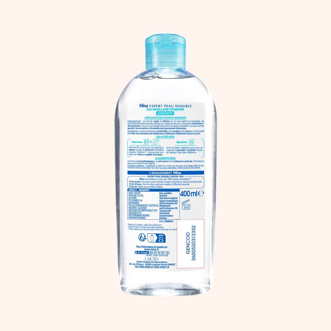 MIXA Eau Micellaire Apaisante 400ml Démaquillant Doux Peaux Sensibles Hypoallergénique Sans Parfum Zinc Panthenol - Nova Parapharmacie