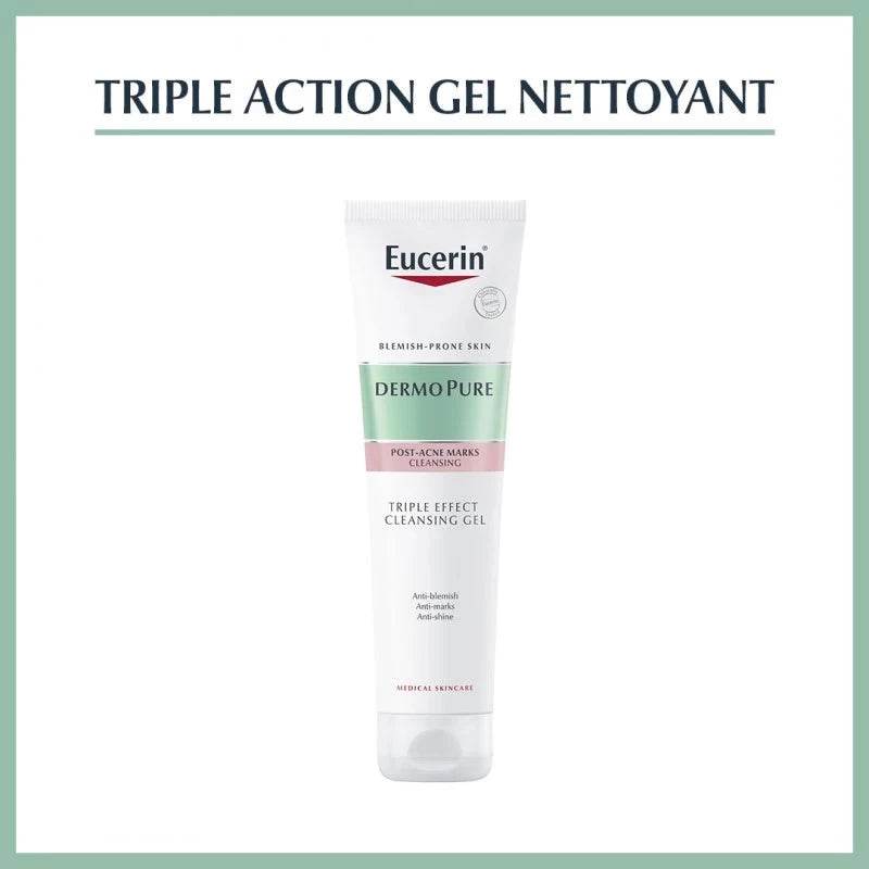 EUCERIN DermoPur Gel Nettoyant Triple Action 150ml flacon pompe blanc vert nettoyant purifiant peaux grasses acné points noirs dermatologie