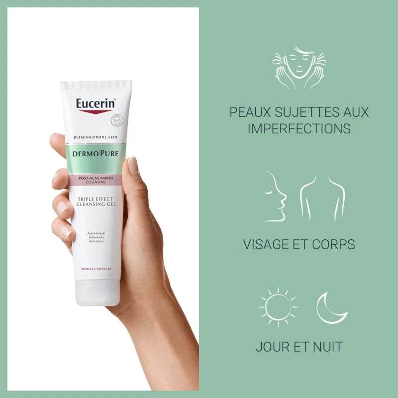 EUCERIN DermoPur Gel Nettoyant Triple Action application visage nettoyant purifiant peaux grasses acné points noirs soin quotidien dermatologie