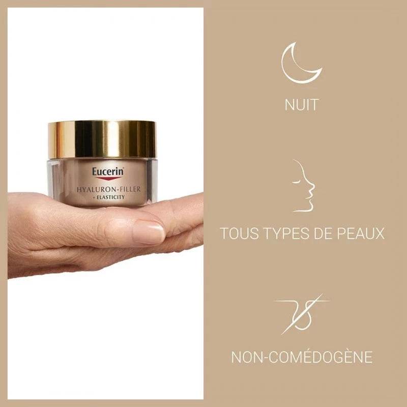 Eucerin Hyaluron-Filler Elasticity Soin Nuit application visage anti-âge élasticité acide hyaluronique arctiin régénération nocturne dermatologie
